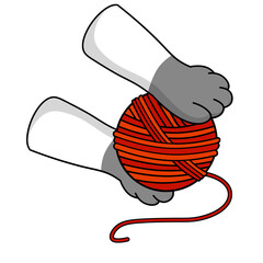 Cat paw hold skein of woolen threads. Hand caught ball. Cartoon illustration. Playful pet. Activity and fun of animal
