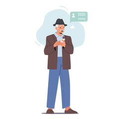 Elderly Male Character Communicate in Social Networks. Old Man Use Mobile Phone, Grandfather with Smartphone