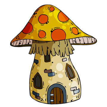 Mushroom house. Fairy tale children drawing. Fabulous natural dwelling. Cute cartoon illustration