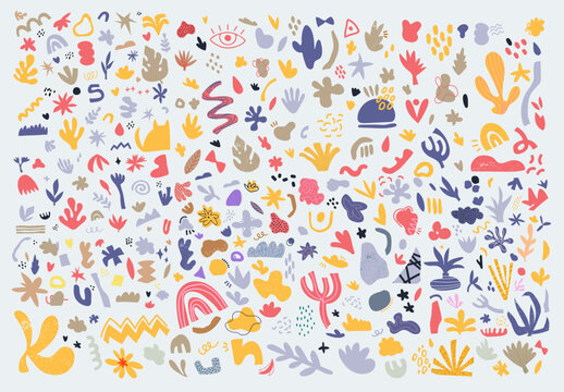 Big collection of minimalistic aesthetic doodles and abstract bright elements on isolated background. Large collection of elements, unusual shapes in matisse art style hand-drawn