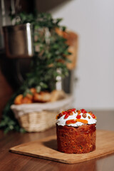 Ester food colorful eggs with ester bread cake on the kitchen table