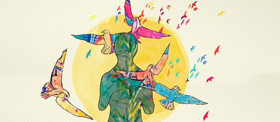 Spring birds. Watercolor design background