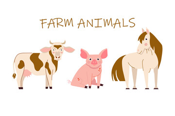 Cow, pig and horse vector illustrations. Set of cartoon farm animals isolated on white background.