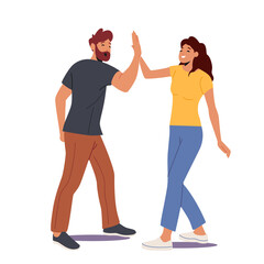Male and Female Characters Informal Greetings, Happy People Giving High Five Isolated on White Background
