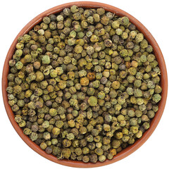 Green pepper in a brown ceramic bowl isolated on white background. Isolated close-up photo of food close up from above on white background.
