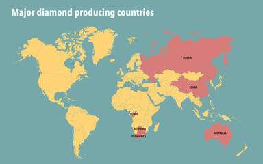 Fototapeta na wymiar World map of major diamond producing countries