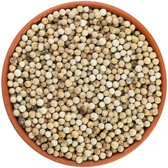 White pepper in a brown ceramic bowl isolated on white background. Isolated close-up photo of food close up from above on white background.