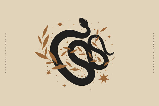 Magical black snake with magical plants on isolated background. Design element for postcard, poster, cover, packaging. Vector illustration.