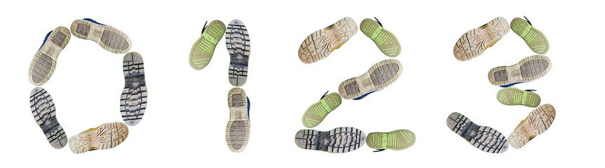 Numbers 0, 1, 2, 3 made of shoe tracks