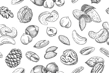 Fototapeta na wymiar Seamless pattern with nuts - almond, cashew, walnut, pistachio.