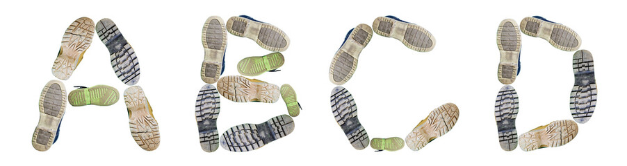 Letters A, B, C, D made of shoe tracks