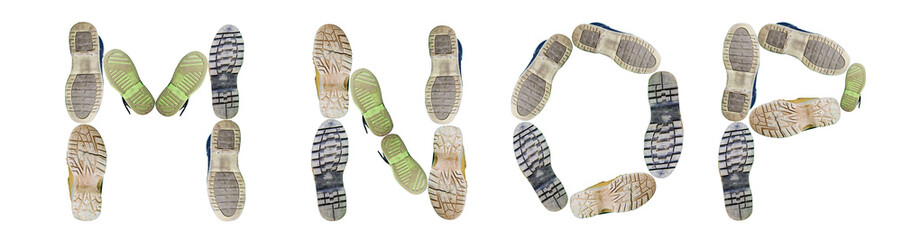 Letters M, N, O, P made of shoe tracks