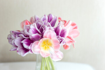 A bouquet of open pink and purple tulips on a white table.