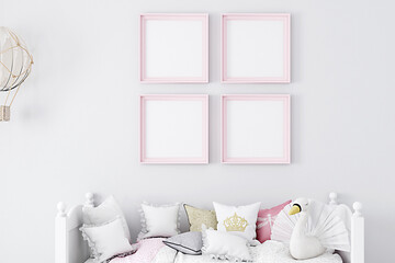 Kids room mockup and four frame  pink