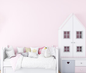 Blank wall mockup pink in kids room