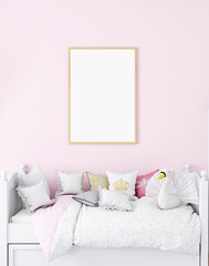 Pink kids room for baby and A4 gold frame mockup