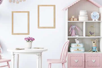 Fototapeta na wymiar Two wood frame mockup in pink kids room