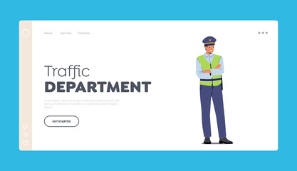 Obraz na płótnie Canvas Traffic Department Landing Page Template. Policeman in Uniform and Vest with Crossed Arms. Police Officer Road Inspector