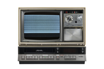 Old TV with noise and interference on the screen and VCR isolated on white background.