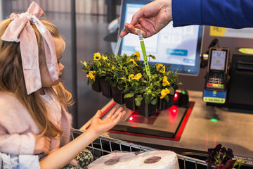 Little girl buying a flower plant in supermarket, at background cash register.