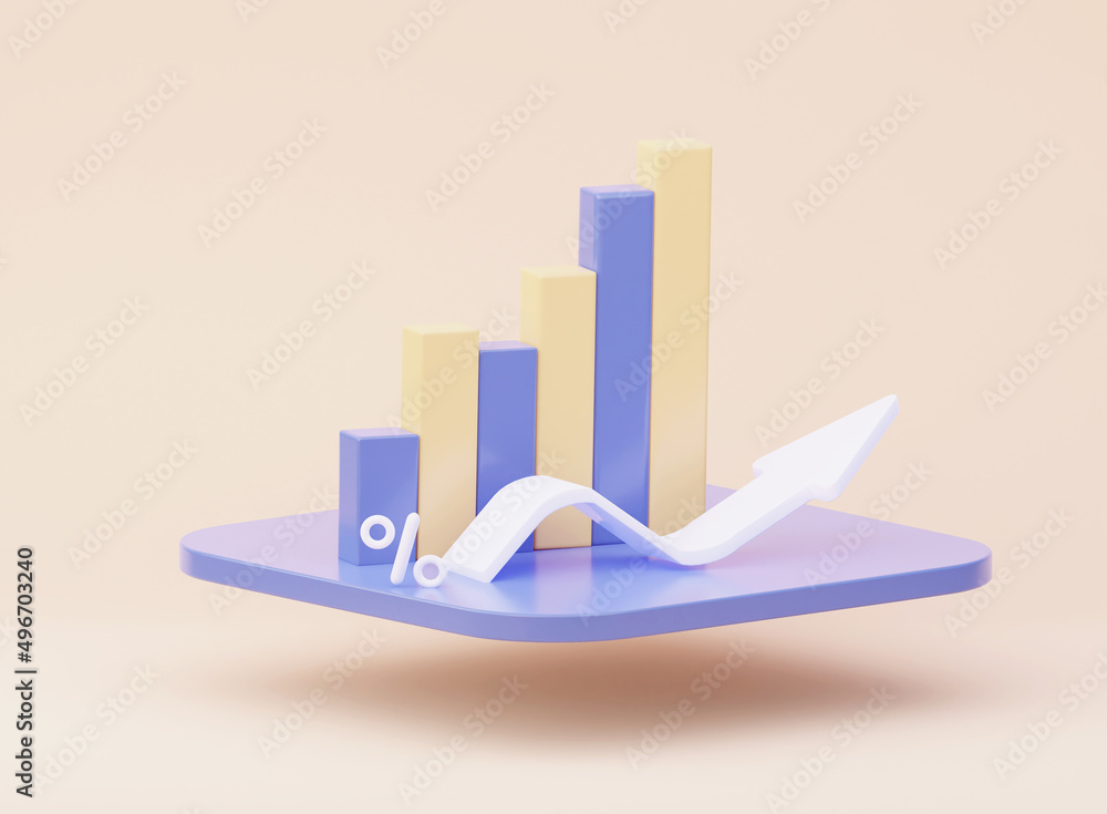 Poster 3d growth analytics chart with a white arrow indicating growth. the concept of marketing and busines