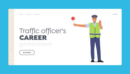 Traffic Officer Career Landing Page Template. Policeman Wear Uniform and Safety Vest Holding Stop Sign, Road Inspector
