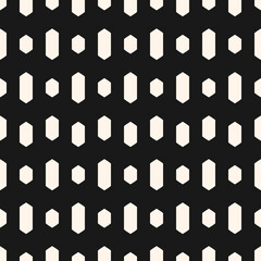 Abstract geometric seamless pattern. Black and white vector background. Simple ornament with hexagons, diamond shapes. Stylish monochrome graphic texture. Dark perforated repeat geo design for decor