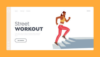 Fototapeta na wymiar Street Workout Landing Page Template. Sport Activity, Jogging and Healthy Lifestyle Exercise. Happy Female Character Run