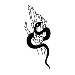 Hand Drawn Skeleton Hands with Snake, Vector Line Art Female Hand. Mystic Occult Silhouettes