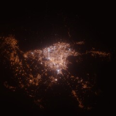 Tehran (Iran) street lights map. Satellite view on modern city at night. Imitation of aerial view on roads network. 3d render