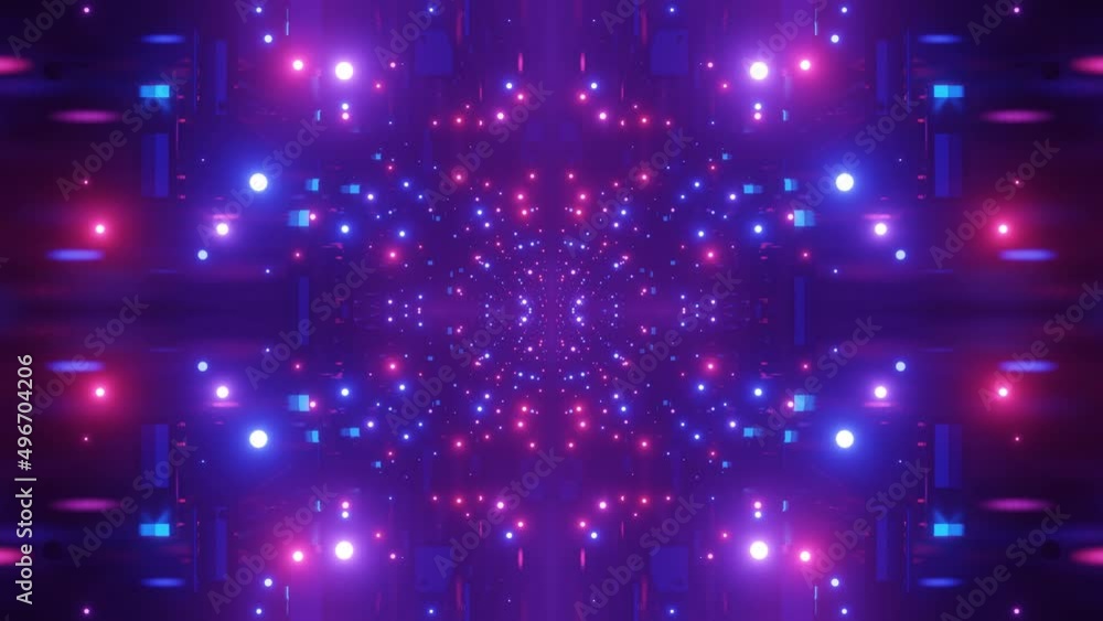 Poster fly through symmetrical tunnel with neon glow 3d objects, sci fi glow pattern. bright reflection neo