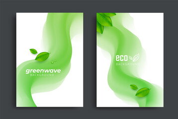 Eco brochure design with green fluid wavy shapes and leaves. Ecology Corporate poster.
