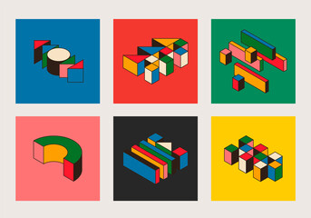 Modern bauhaus posters with 3d isometric shapes. Set of cards with abstract geometric elements. Vector illustration