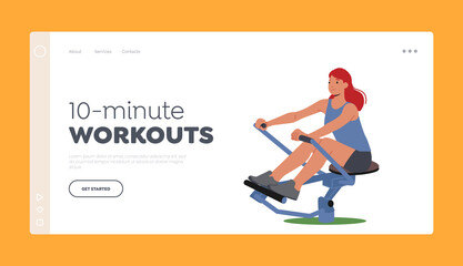 Workout Landing Page Template. Young Woman Training on Rowing Apparatus. Athletic Girl in Sportswear Exercising