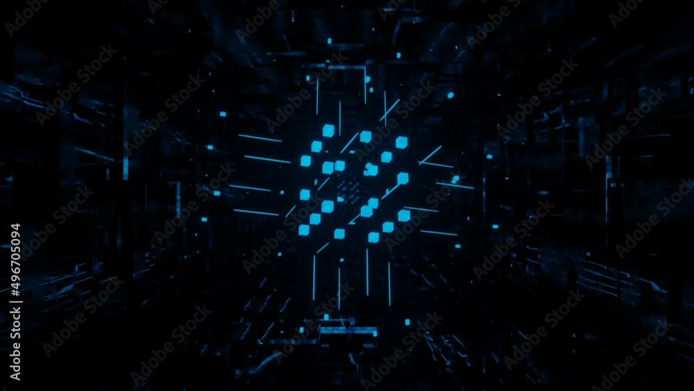 Poster cubes structure. 3d object or structure rotates and moves inside glass mirror tunnel with neon light