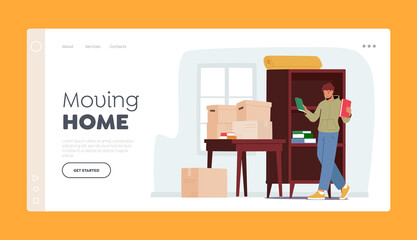 Moving Home Landing Page Template. Relocation and Move to New House Concept. Young Male Character Unpacking Boxes