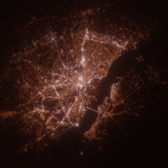 Wilmington (Delaware, USA) street lights map. Satellite view on modern city at night. Imitation of aerial view on roads network. 3d render