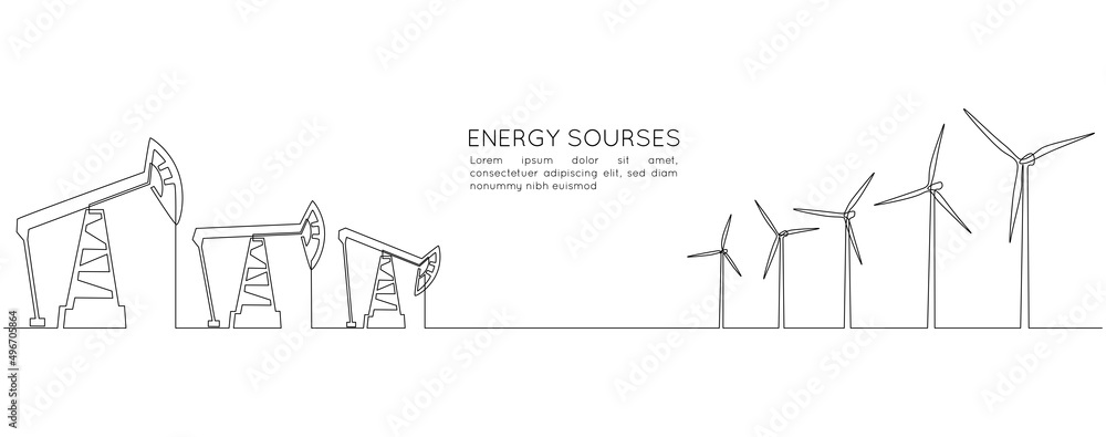 Aufkleber One continuous line drawing of Oil pumps jacks and wind turbines. Concept of Renewable and Non renewable sources in simple linear style. Editable stroke. Doodle vector illustration