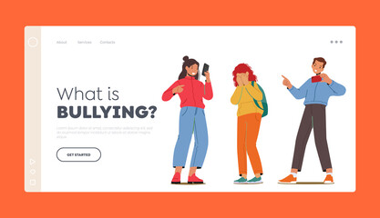 Teenagers Bullying Girl Landing Page Template. Characters Laughing, Record Video on Smartphone. Teens Abuse, Violence
