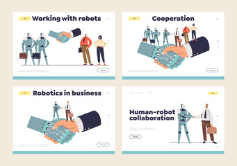 Human and robot cooperation landing pages set with robotics and people shaking hands