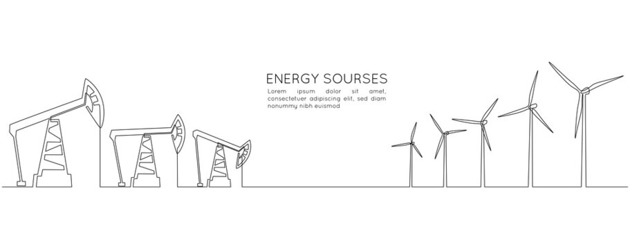 One Continuous Line Drawing Of Oil Pumps Jacks And Wind Turbines. Concept Of Renewable And Non Renewable Sources In Simple Linear Style. Editable Stroke. Doodle Vector Illustration