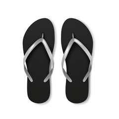 Beach flip flops slippers template. Realistic 3d blank mockup. Mock up of black beach slippers