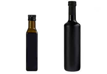 Different black glasses of olive oil, balsamic and soy sauce, or other liquids isolated on white background.Layout for products