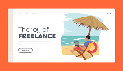 Freelancer Work Landing Page Template. Distant Employee on Summer Vacation. Male Character Sit on Daybed on Beach