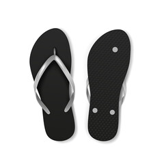 Pair of black flip flops slipper for beach activity, travel or spa. Realistic summer holiday sandals