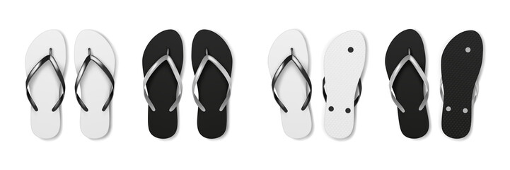 Realistic flip flop set isolated on white background. Realistic 3d template of summer beach slippers