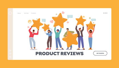 Products Reviews Landing Page Template. Characters with Huge Rate Stars, Consumer and User Rating. People Holding Stars
