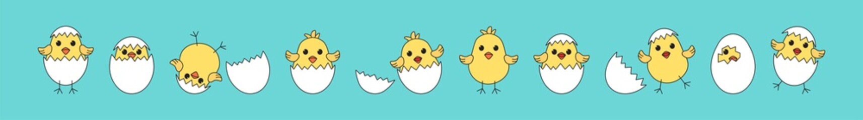Chick Easter vector, cartoon eggand chicken baby, cute little bird, yellow funny animal set on blue background. Simple drawing illustration