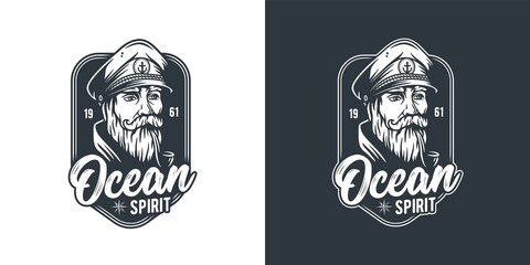 Ocean nautical captain emblem. Marine sea farer logo. Sailor man print