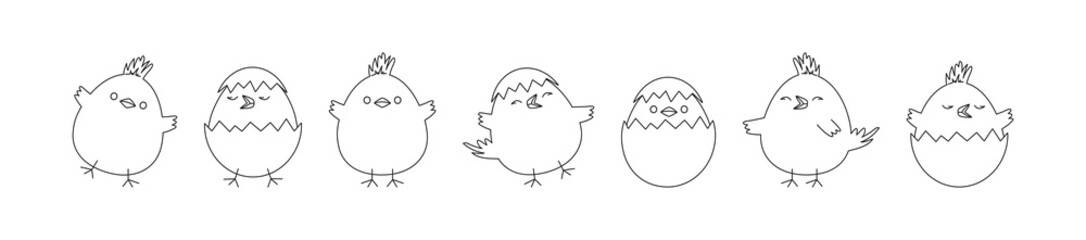 Chick Easter vector line icon, cartoon chicken baby and egg, cute little bird, outline funny animal set isolated on white background. Simple drawing illustration